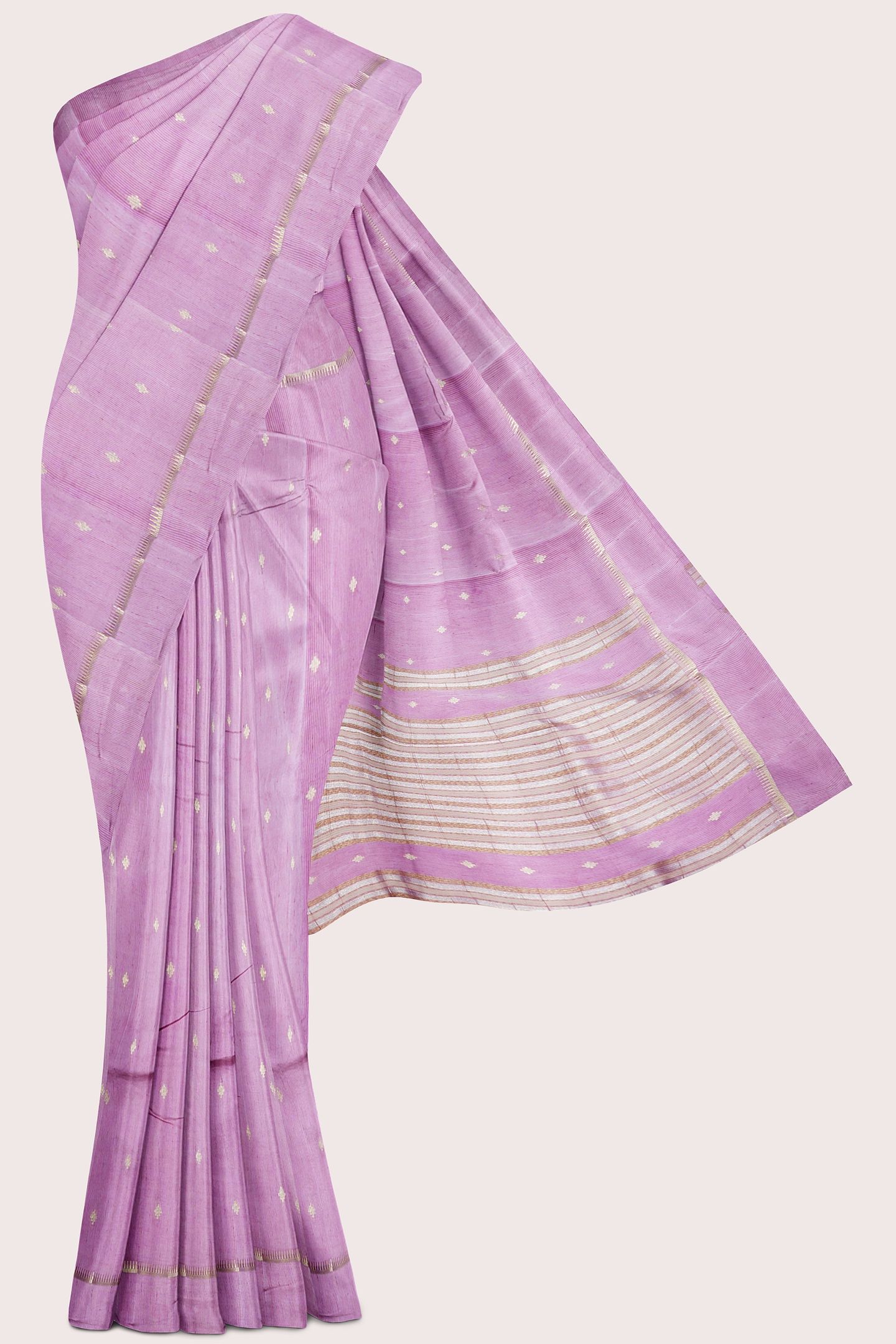 Soft Tussar Silk Gold Zari Weaving And Butta Pink And Lavender Mix Saree