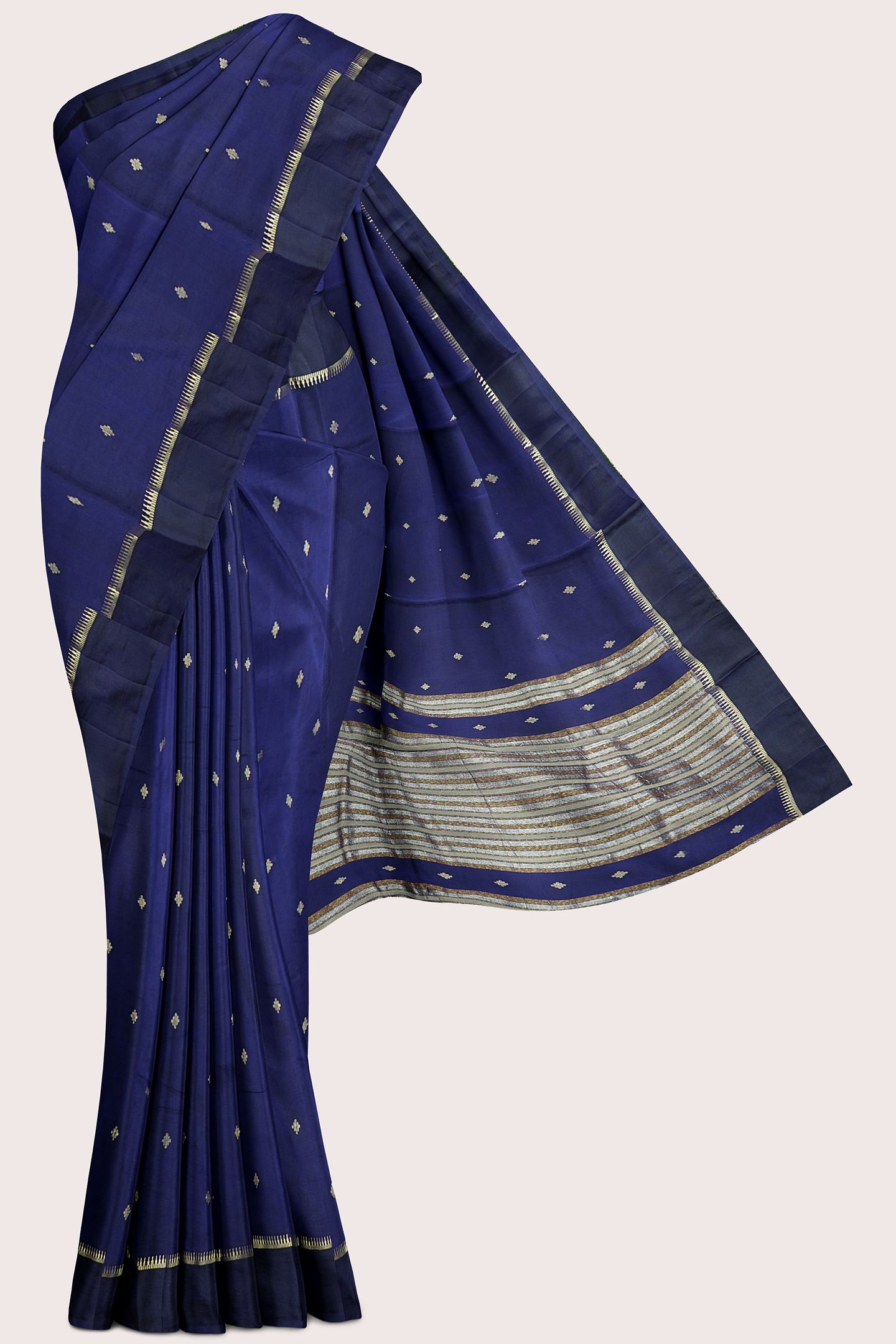 Soft Tussar Silk Gold Zari Weaving And Butta Dark Navy Blue Saree
