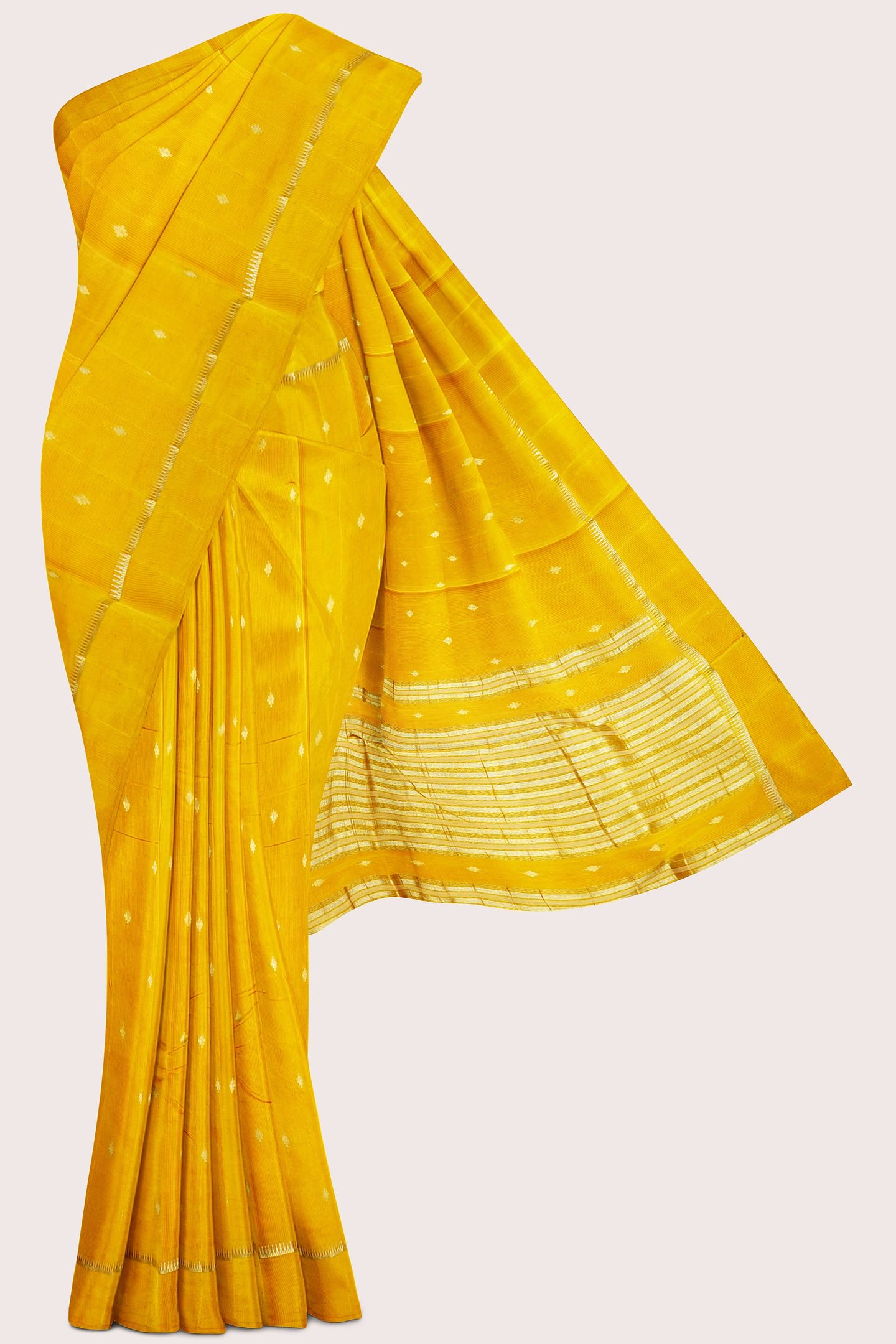 Soft Tussar Silk Gold Zari Weaving And Butta Mustard Yellow Saree