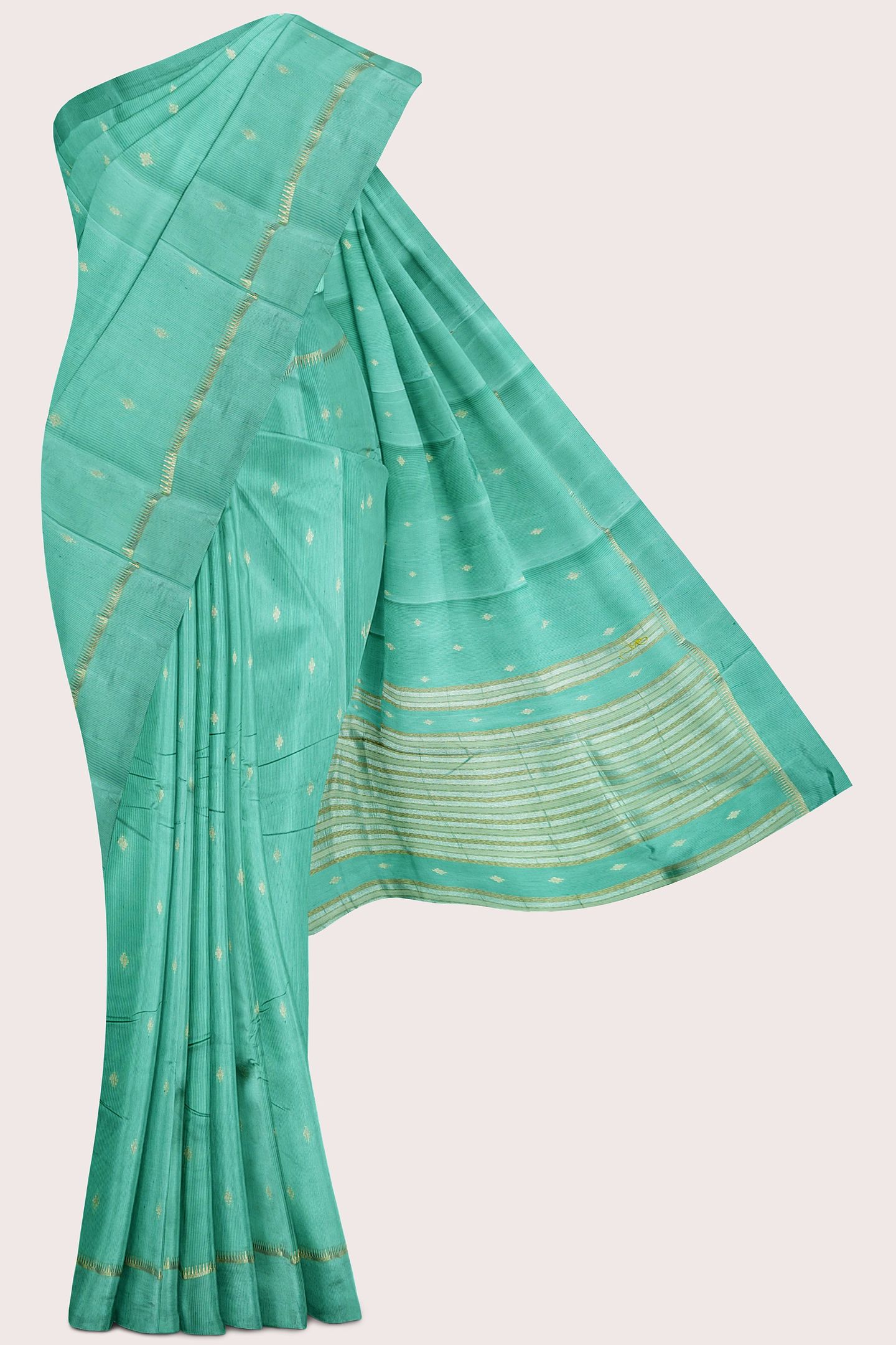 Soft Tussar Silk Gold Zari Weaving And Butta Teal Green Saree