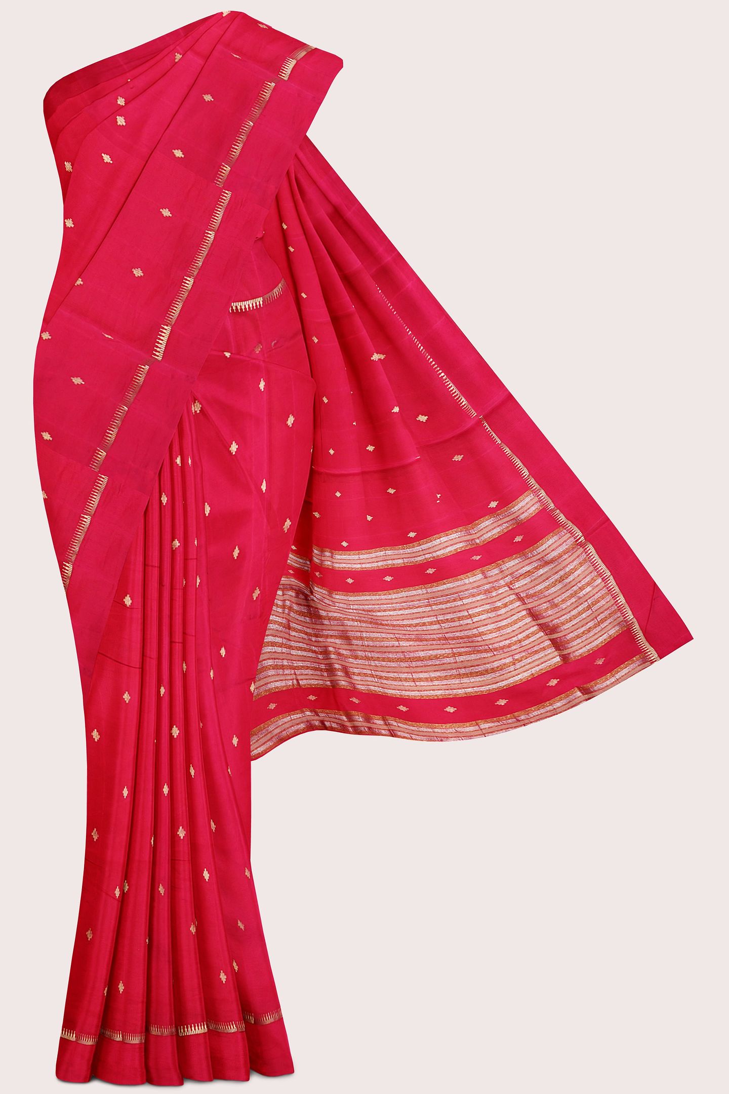 Soft Tussar Silk Gold Zari Weaving And Butta Bright Pink Saree