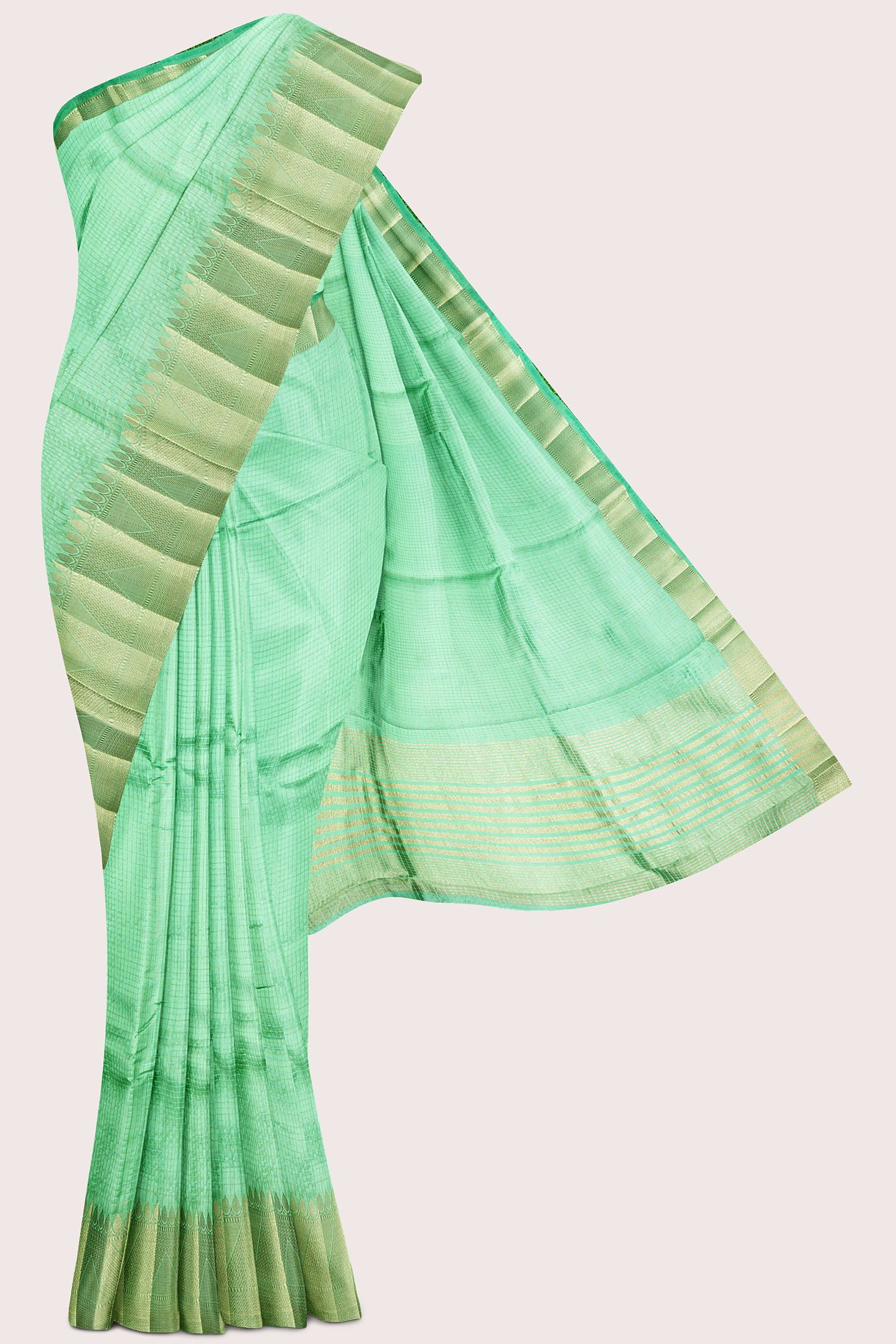 Fancy Gadi Silk Silver And Gold Zari Checks Design Light Green Saree
