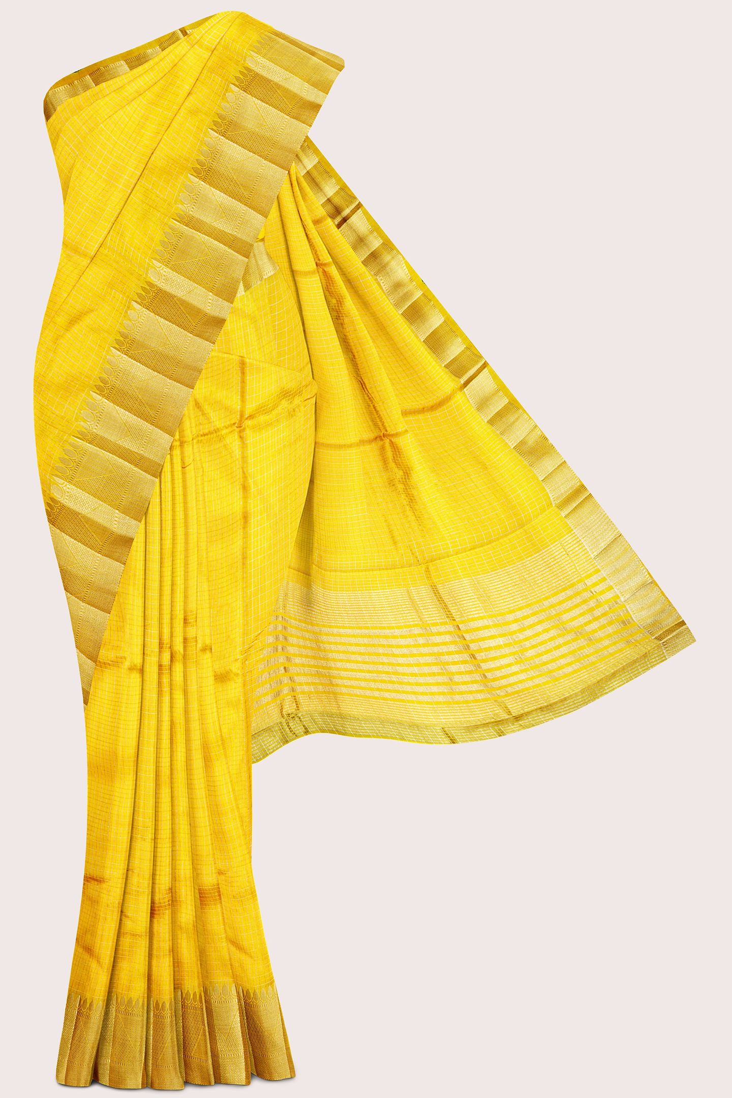 Fancy Gadi Silk Silver And Gold Zari Checks Design Mustard Yellow Saree