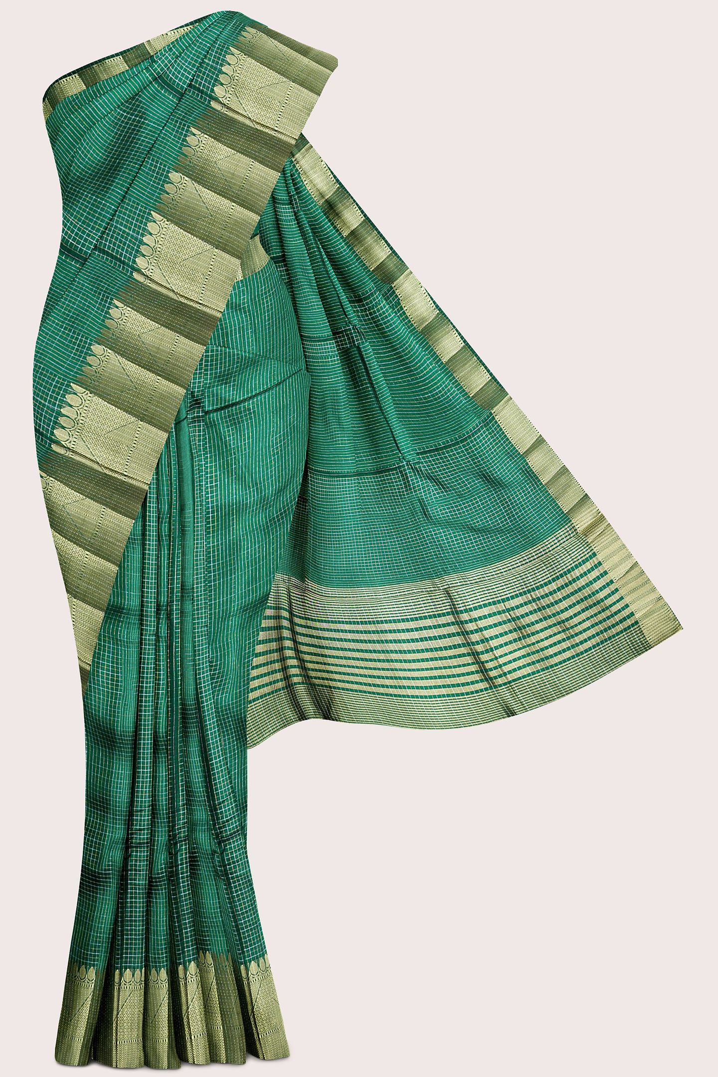 Fancy Gadi Silk Silver And Gold Zari Checks Design Dark Green Saree