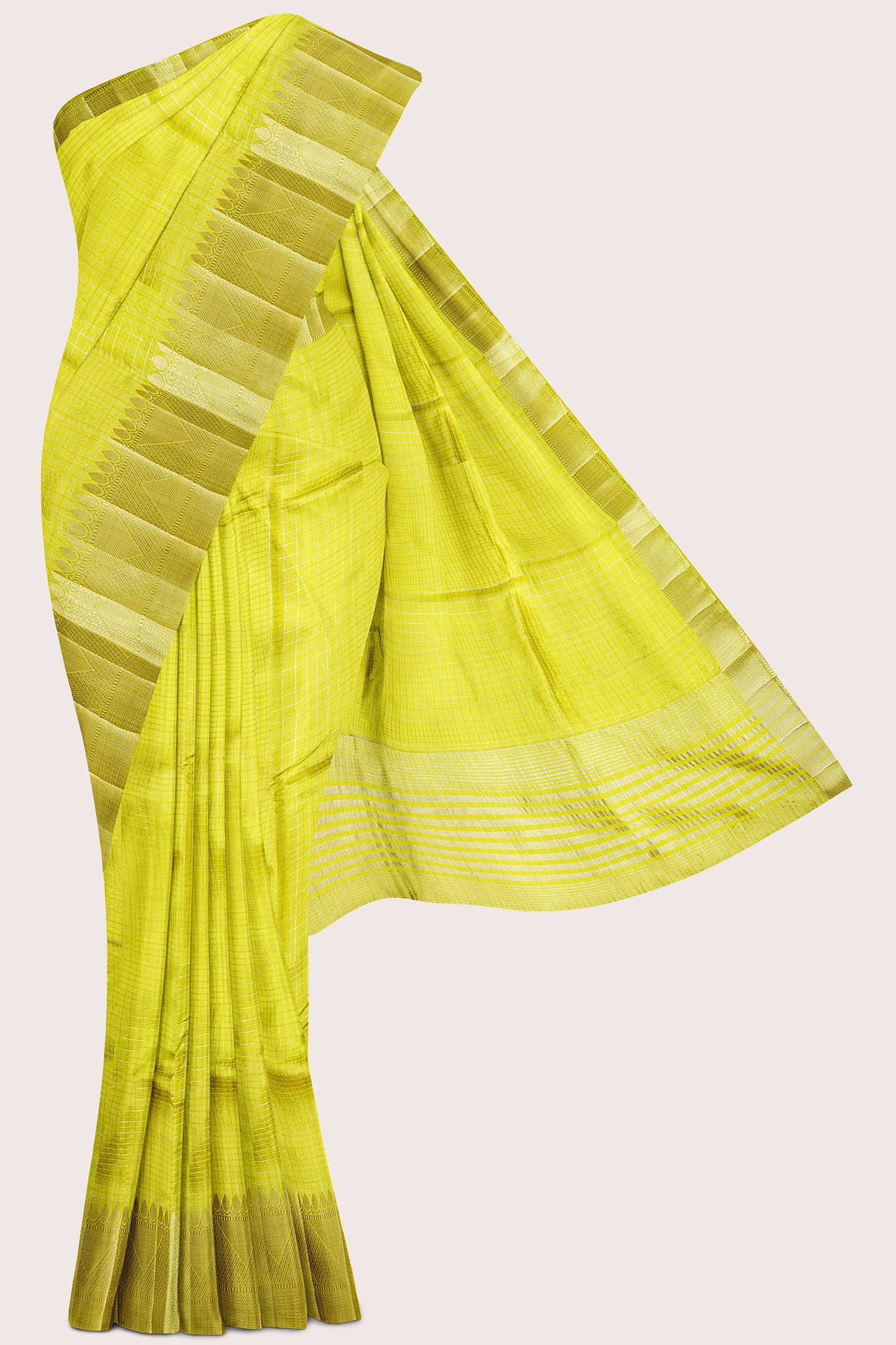 Fancy Gadi Silk Silver And Gold Zari Checks Design Lemon Yellow Saree