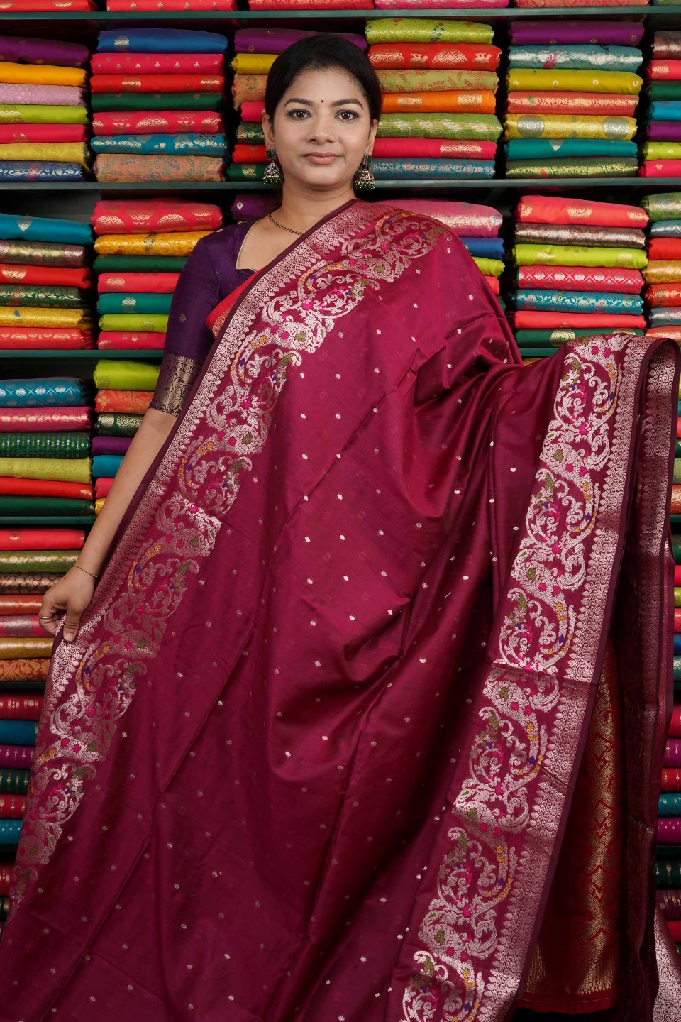 Soft Maheswari Silk Leaf Meena Design Dark Maroon Saree