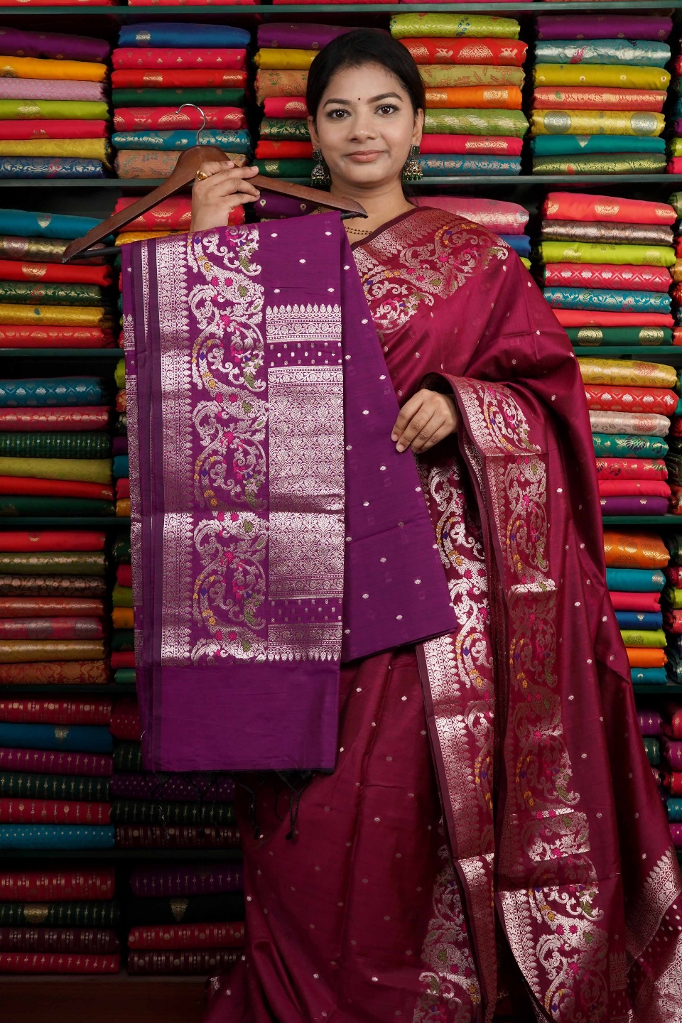 Soft Maheswari Silk Leaf Meena Design Dark Purple Saree