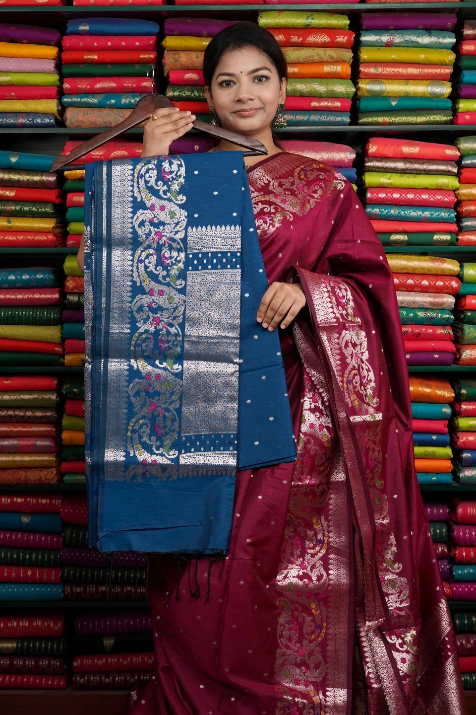 Soft Maheswari Silk Leaf Meena Design Dark Peacock Blue Saree