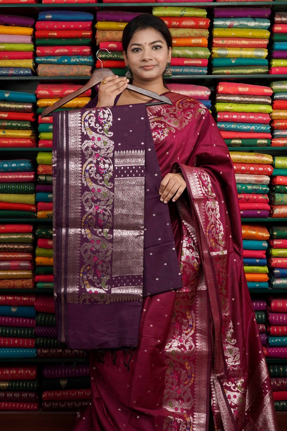 Soft Maheswari Silk Leaf Meena Design Dark Brinjal Saree