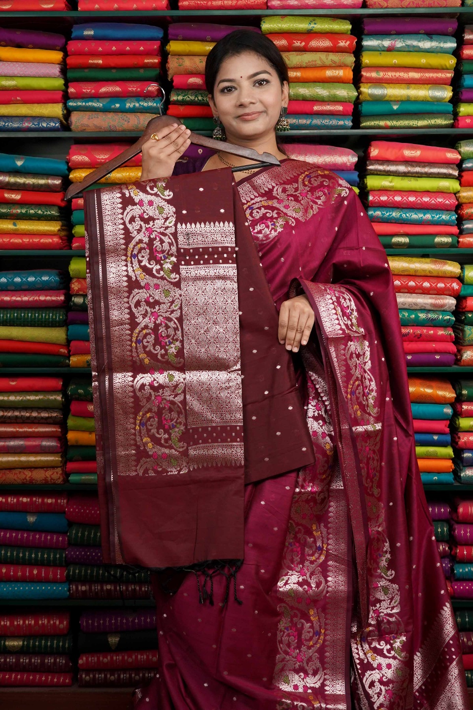 Soft Maheswari Silk Leaf Meena Design Dark Brown Saree