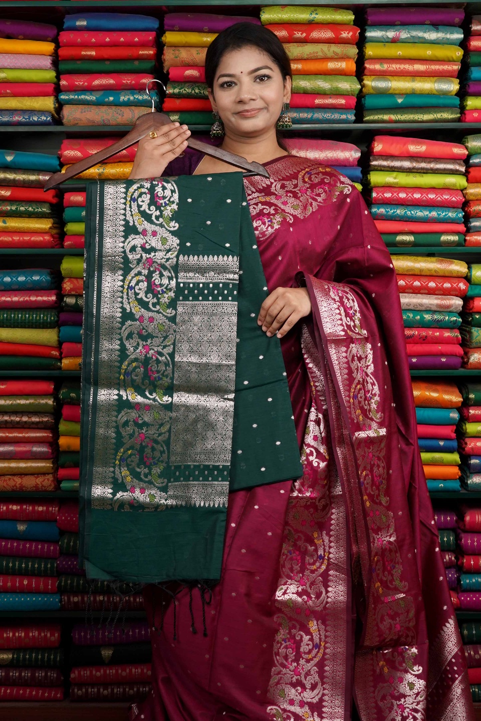 Soft Maheswari Silk Leaf Meena Design Dark Green Saree