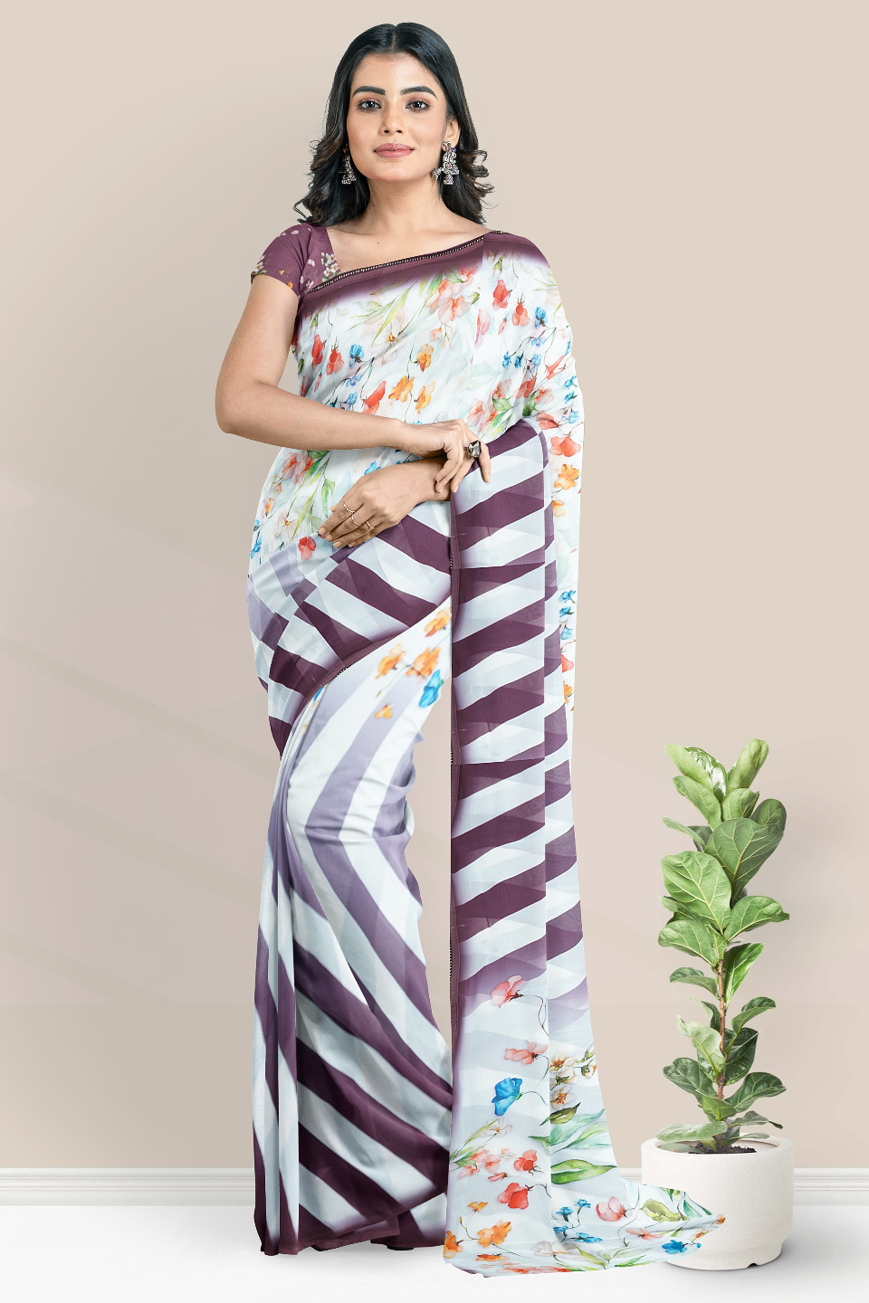 Crepe Georgette Printed Design White With Grape Sree