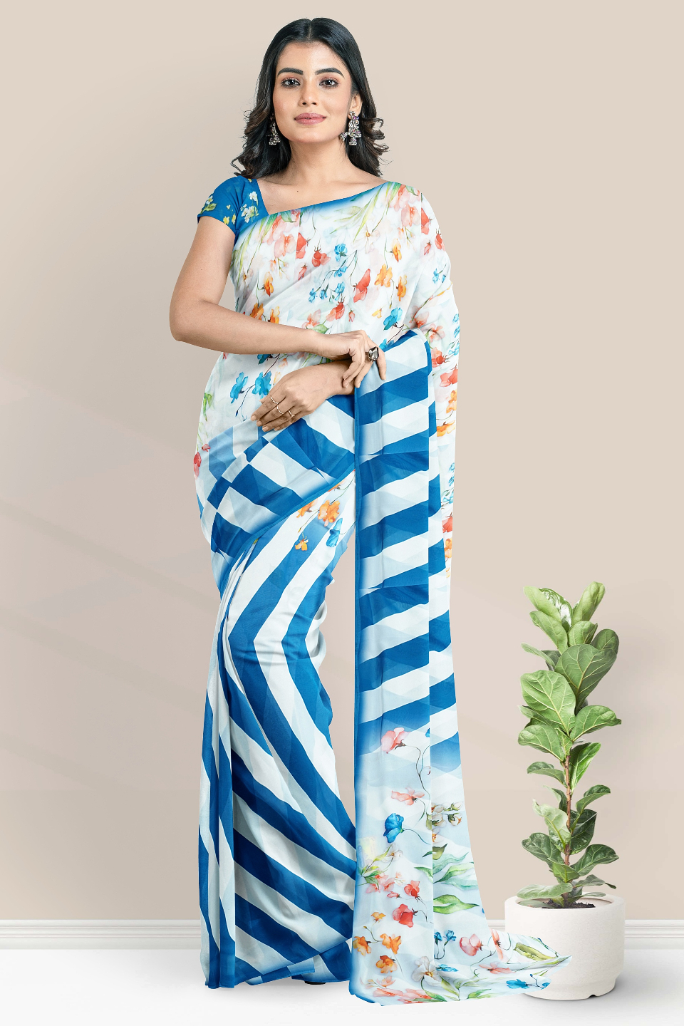 Crepe Georgette Printed Design White With Blue Saree