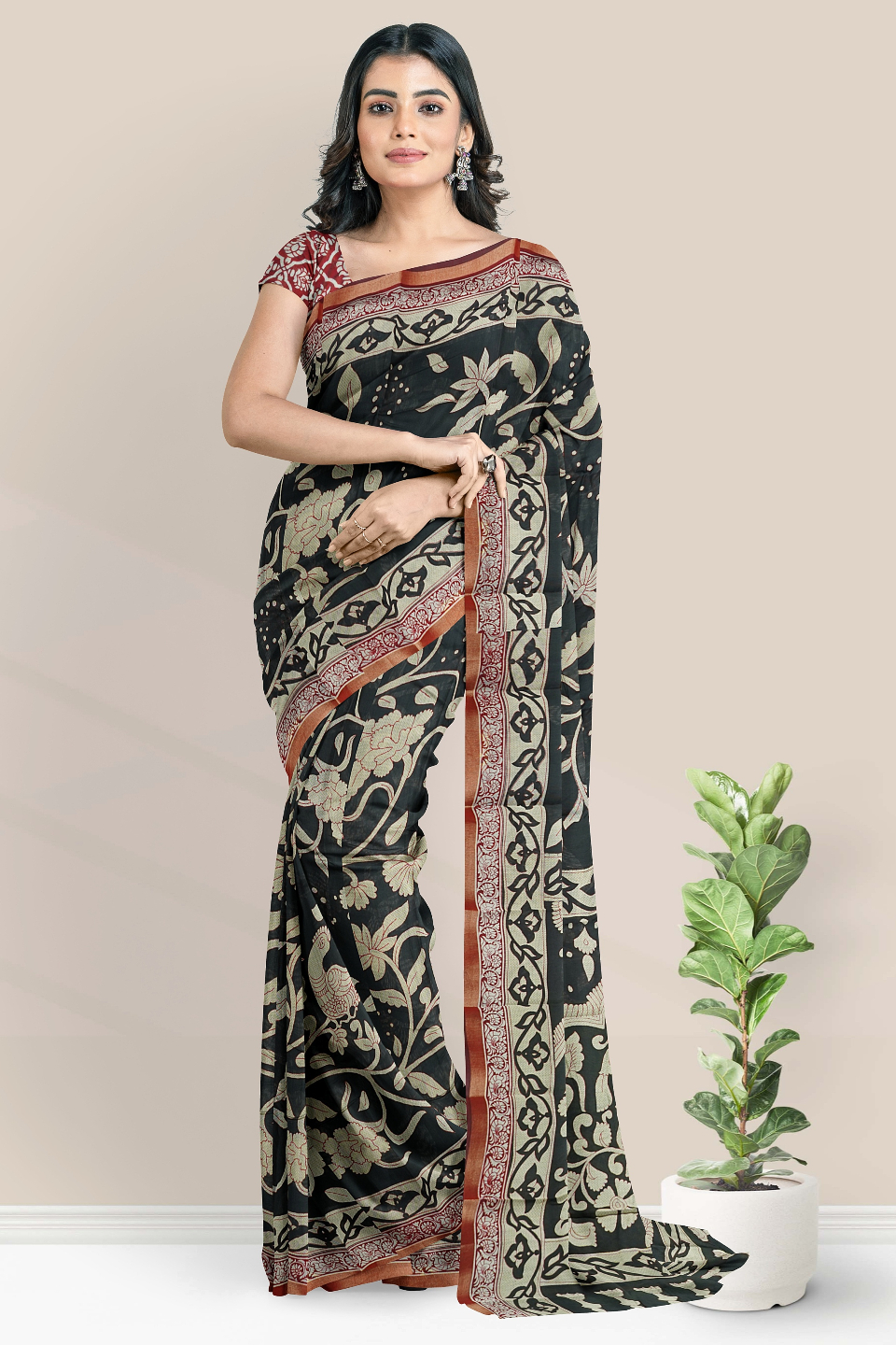 Semi Chanderi Silk Kalamkari Print Black With Maroon Saree
