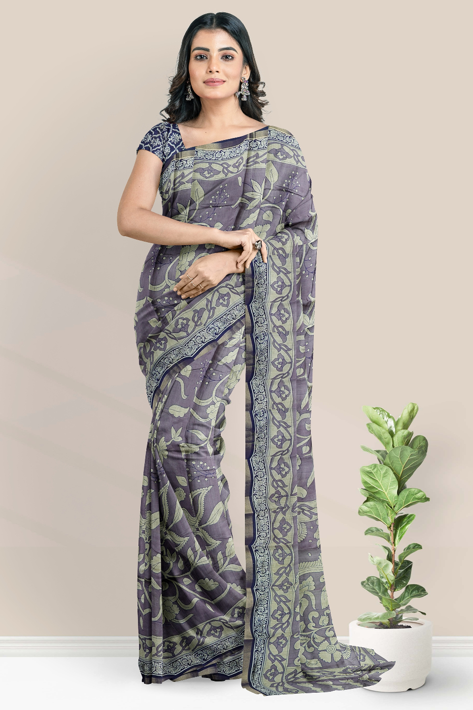 Semi Chanderi Silk Kalamkari Print Dark Lavender Saree