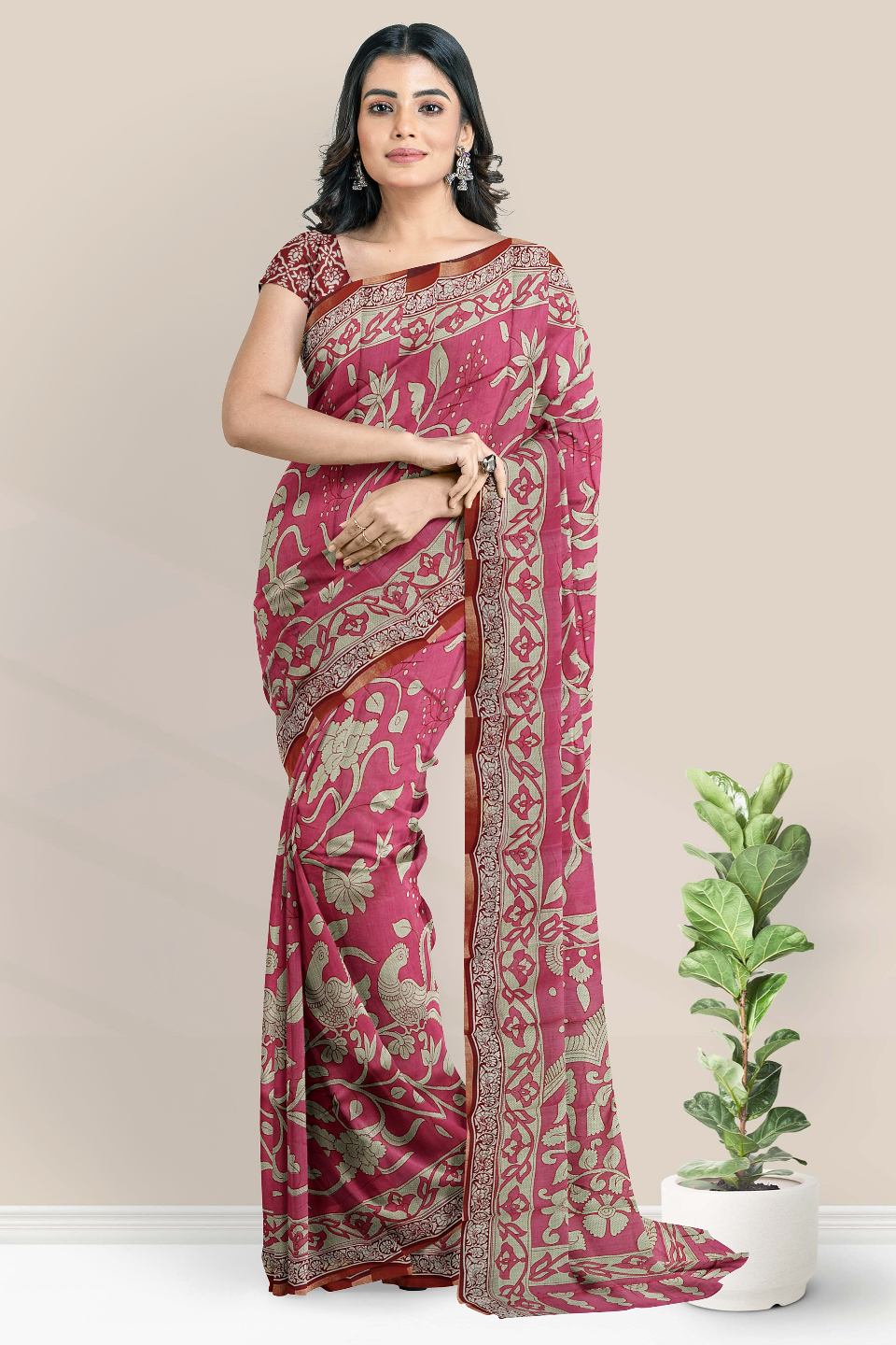 Semi Chanderi Silk Kalamkari Print Bright Pink Saree