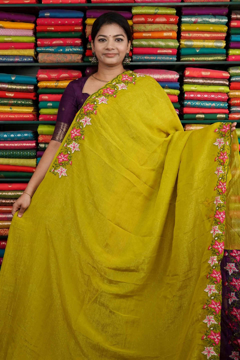 Space Silk Cut Work Embroidery Yellowish Green And Purple Saree