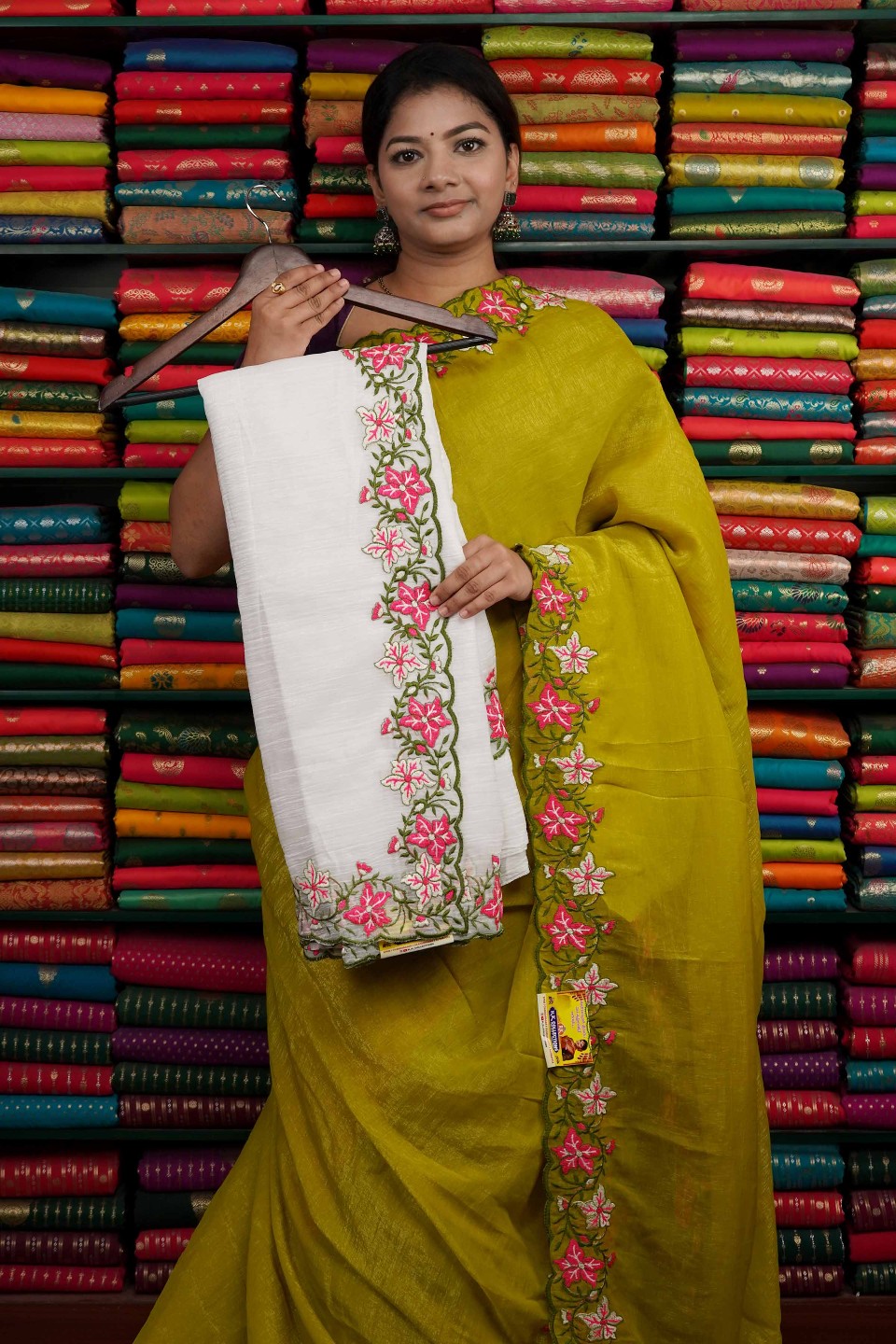 Space Silk Cut Work Embroidery Half White Saree
