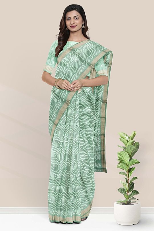 Jute Silk Geometrical Print Olive Green Saree