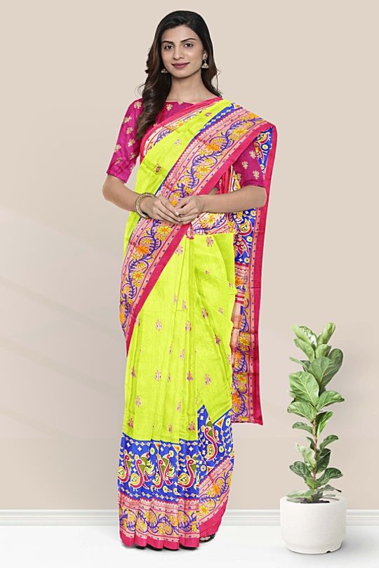 Fancy Silk Kalamkari Light Parrot Green And Royal Blue And Pink Saree