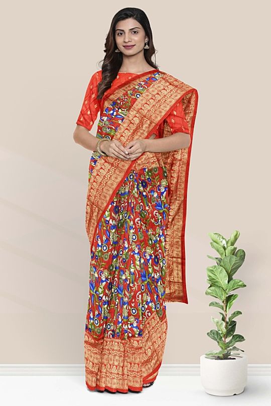Fancy Silk Kalamkari Print Red Saree