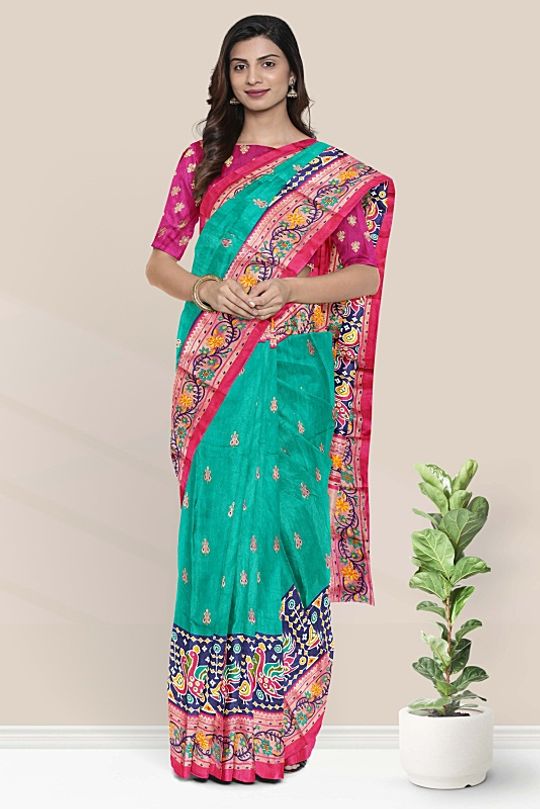 Fancy Silk Kalamkari Rama Green And Navy Blue And Pink Saree