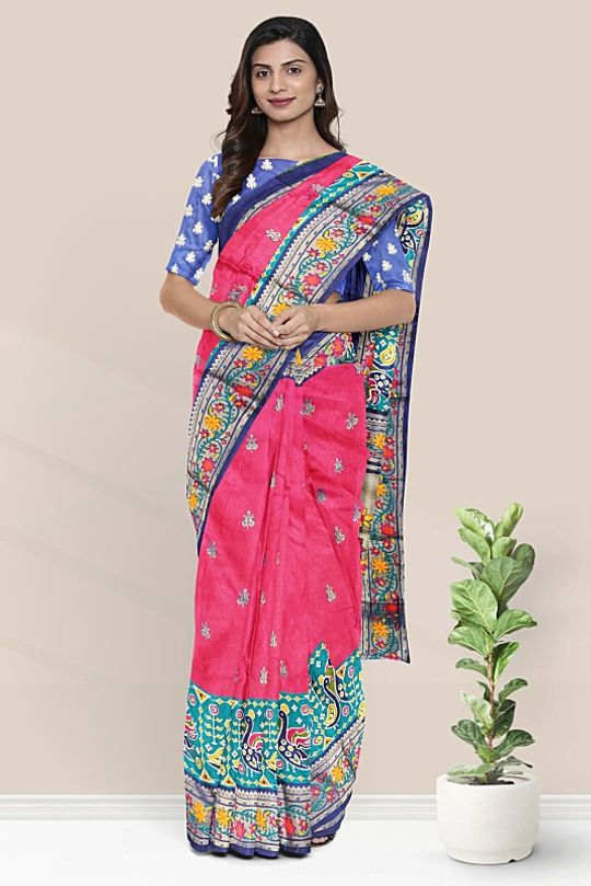 Fancy Silk Kalamkari Bright Pink And Rama Green And Dark Navy Blue Saree