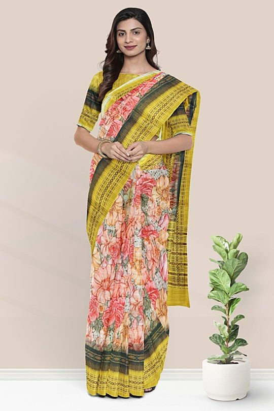 Fancy Jute Silk Floral Digital Print Peach And Olive Green Mix And Yellow Saree