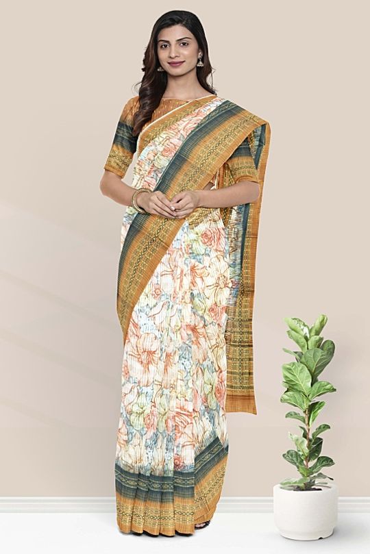 Fancy Jute Silk Floral Digital Print Cream And Peach And Gray Mix Saree