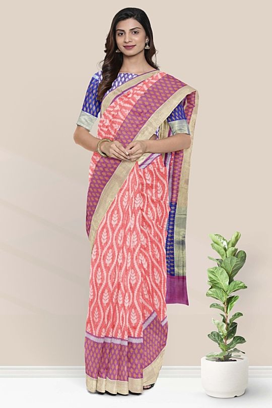 Mangalagiri Pattu Pochumpally Border Kanakambaram Pink And Blue Saree