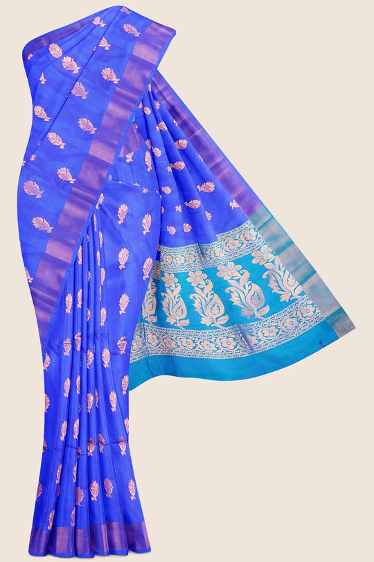 Coffee Brown with Copper Sulphate Blue Soft Silk Saree