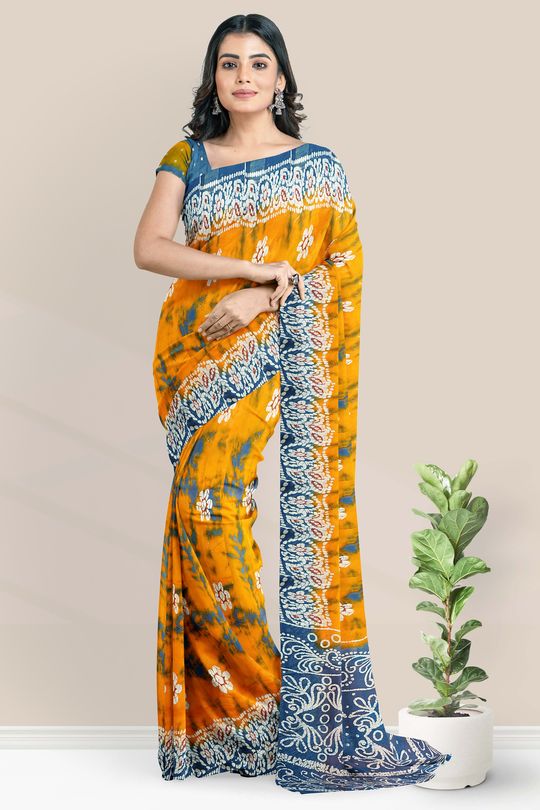 MS blue and Sun Set Orange Soft Silk handloom Saree - Sri Arya Silks