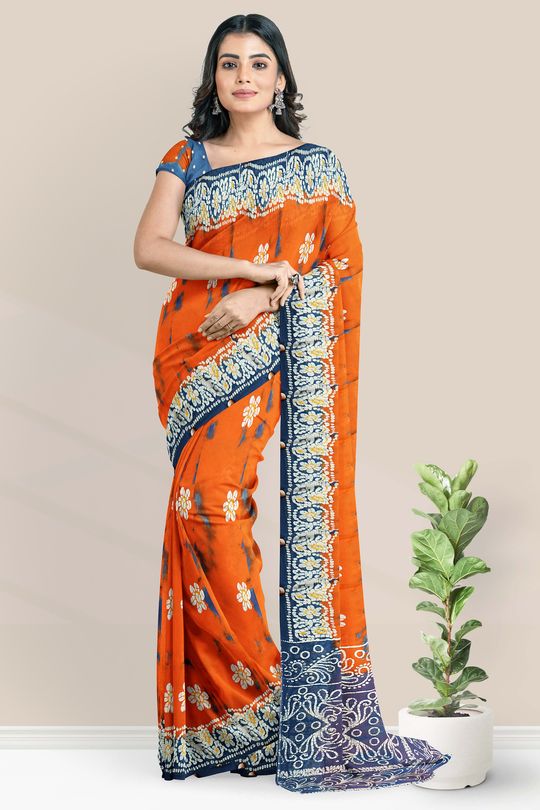 Matty Georgette Shibori Print Lemon Yellow And Orange Saree