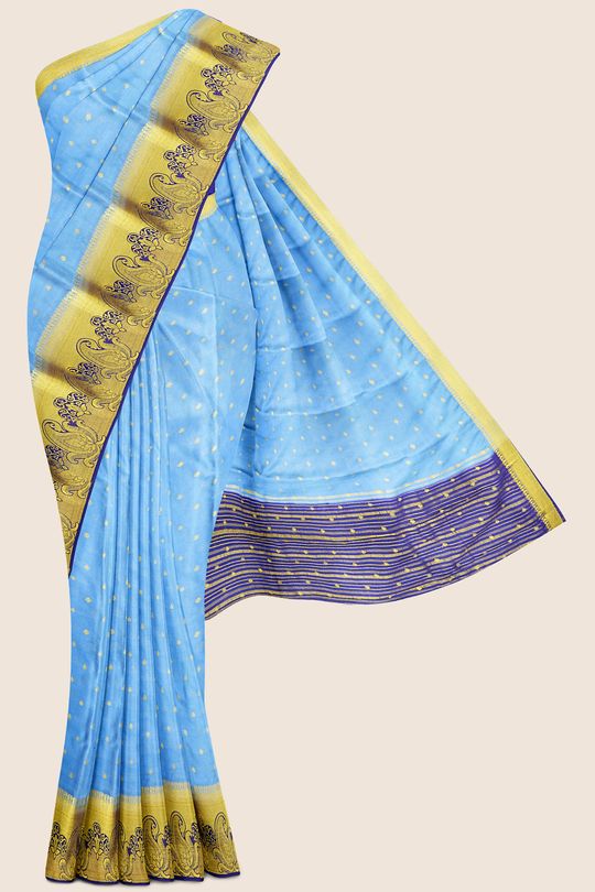 Benny Crepe Silk Flower Butta Blue's Gray And NavyBlue Saree