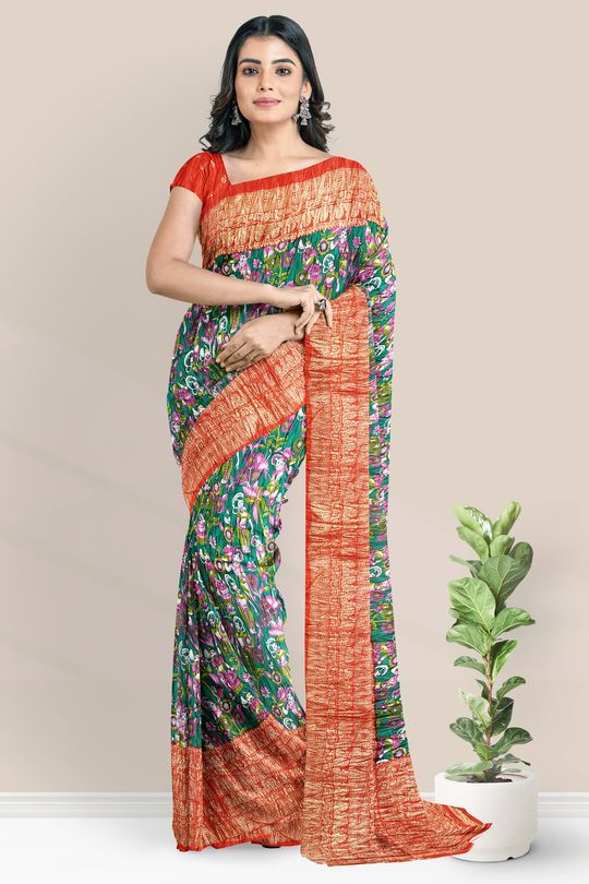 Banarasi Kora Lemon Yellow And Sea Green Mix And Dark Pink Saree