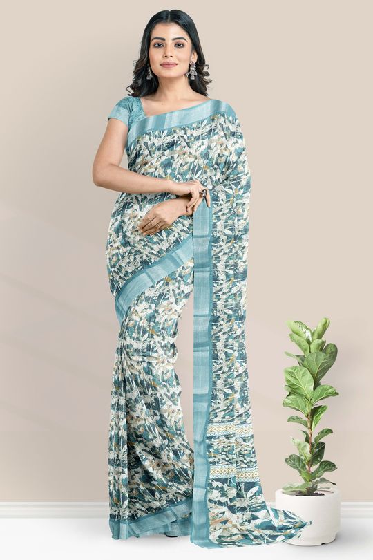 Buy Stylish Silk Blend Sea Blue Saree With Blouse Piece Online In India At  Discounted Prices