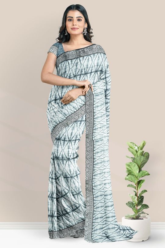 Digital Printed Pure Soft Fox Georgette With Shibori Print And Crushed Work  In All Over Saree -Style Array