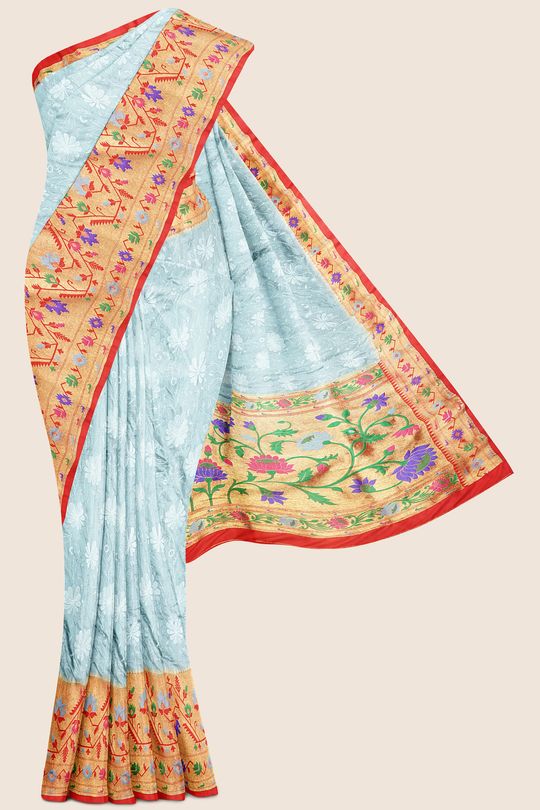 Chikankaari Paithani Border  With Thread Work  Ash And Red Saree