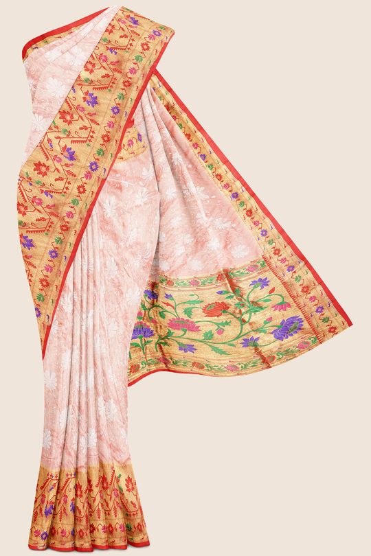 Chikankaari Paithani Border  With Thread Work Peach Pink And Red Saree