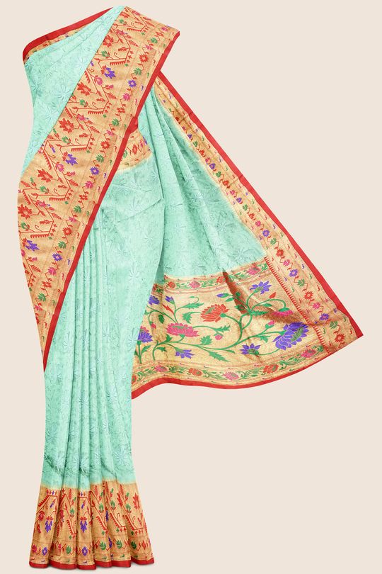 Chikankaari Paithani Border  With Thread Work Apple Green And Red Saree