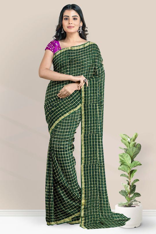 Georgette Gold Zari Checks Bottle Green And Magentha Pink Saree