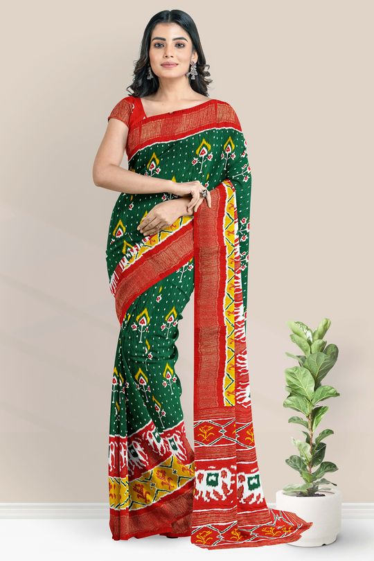 Patola Silk Ikkath Bottle Green And Red And Yellow Saree