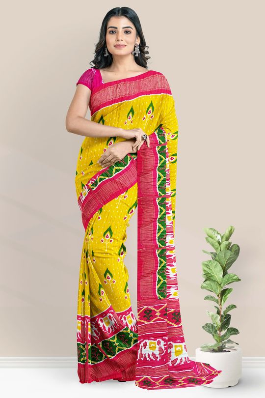 Patola Silk Ikkath Yellow And Pink And Green Saree