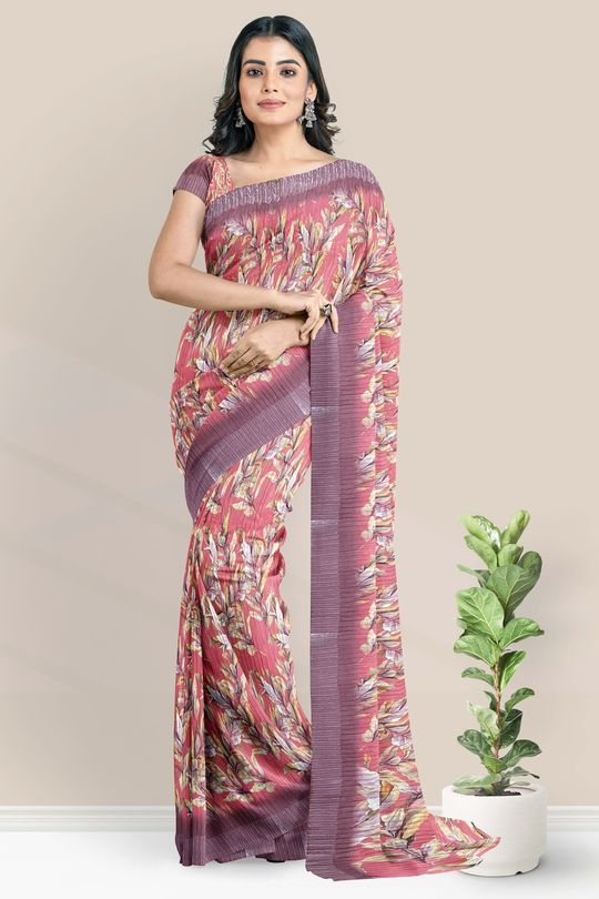Linen Crushed Floral Digital Printed Brown And Romato Red Saree