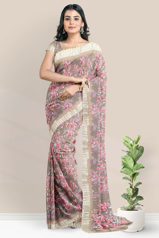 Linen Crushed Floral Digital Printed Paachi Green With Gray Mix Saree