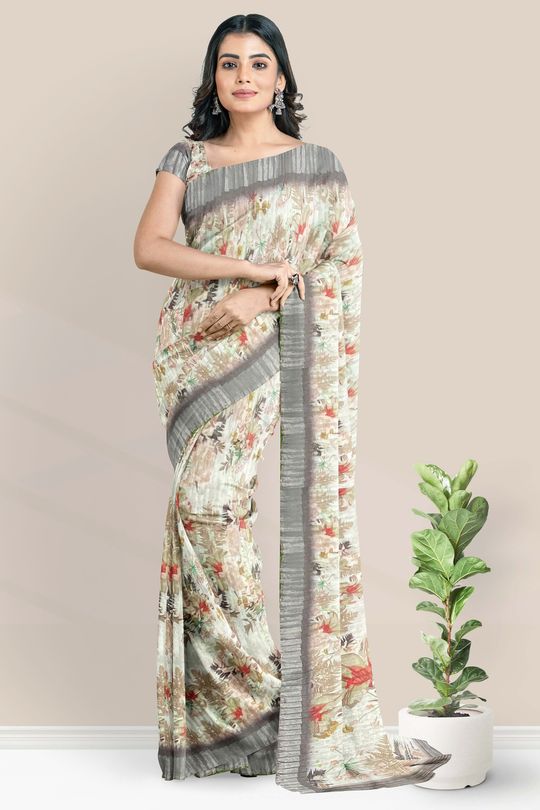 Linen Crushed Floral Digital Printed Half White And Gray Saree