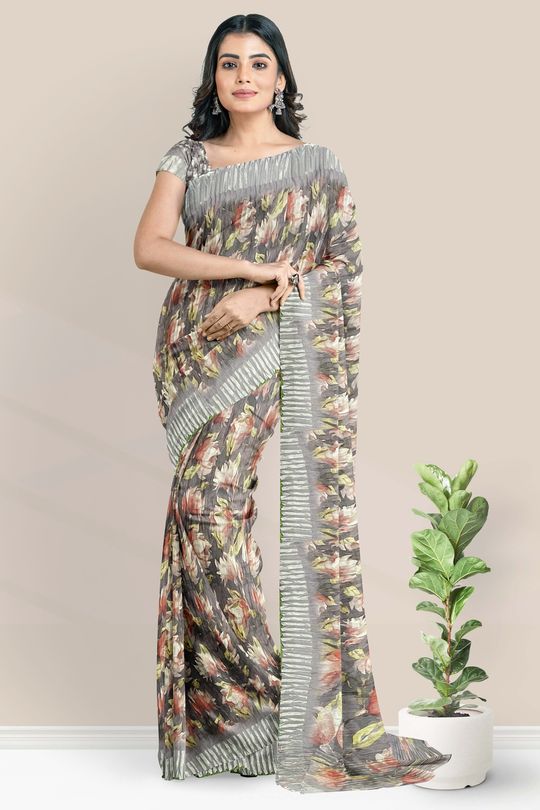 Linen Crushed Floral Digital Printed Gray Saree