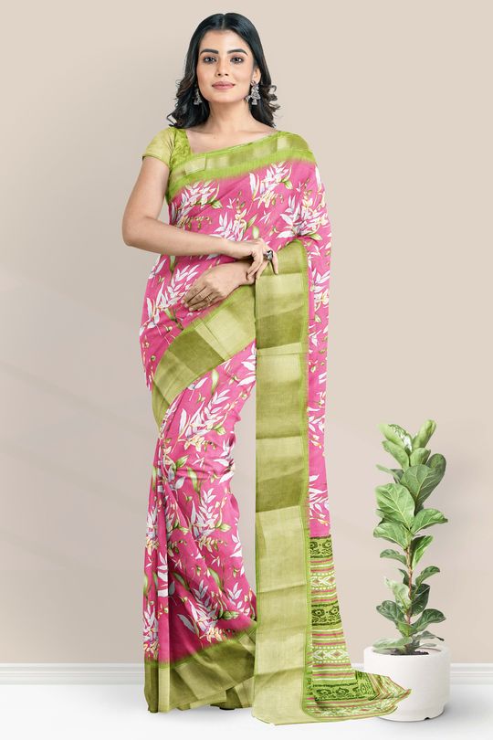 Fancy Silk Floral Print Pink And Green Saree