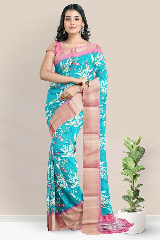 Fancy Silk Floral Print Sky Blue And Light Baby Pink Saree