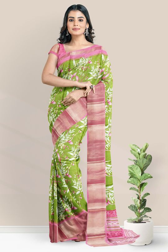 Fancy Silk Floral Print Green And Baby Pink Saree